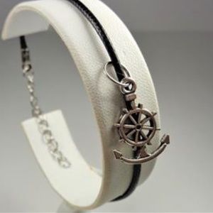 NAUTICAL SHIPS WHEEL ANCHOR BLACK LEATHER BRACELET